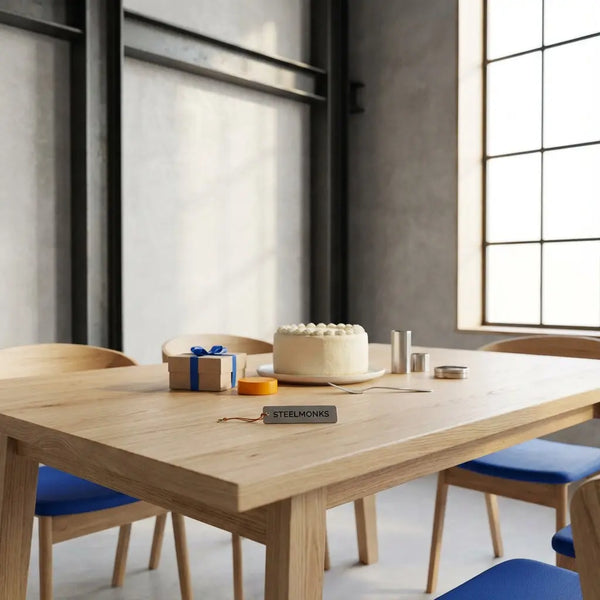 Ruhige Innenaufnahme eines Esstisches mit handverlesenen Geschenken, einfachem Kuchen und metallischen Details im Steelmonks Stil, zeit schenken