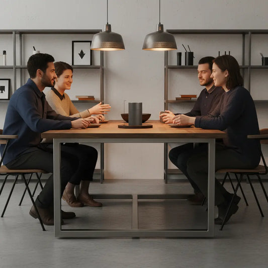 Kleine Freundesrunde beim gemeinsamen Abendessen in minimalistisch-industrieller Küche mit Holz- und Metalldetails, warme Stimmung und Nähe — zeit schenken geschenkideen