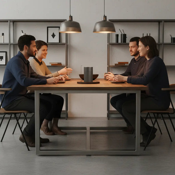 Kleine Freundesrunde beim gemeinsamen Abendessen in minimalistisch-industrieller Küche mit Holz- und Metalldetails, warme Stimmung und Nähe — zeit schenken geschenkideen