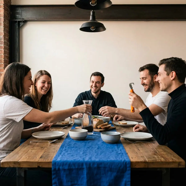 Kleine Familie lacht am rustikalen Esstisch mit Holz- und Metalldetails, warmes Licht und Hände, die nach Tellern greifen – motiv zu zeit verschenken ideen
