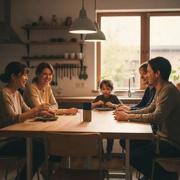 Kleine Familie am Holztisch, Hände greifen nach Tellern und Werkzeugen, warmes Licht und Metalldetails – zuneigung zeigen in einer minimalistischen, heimischen Szene.