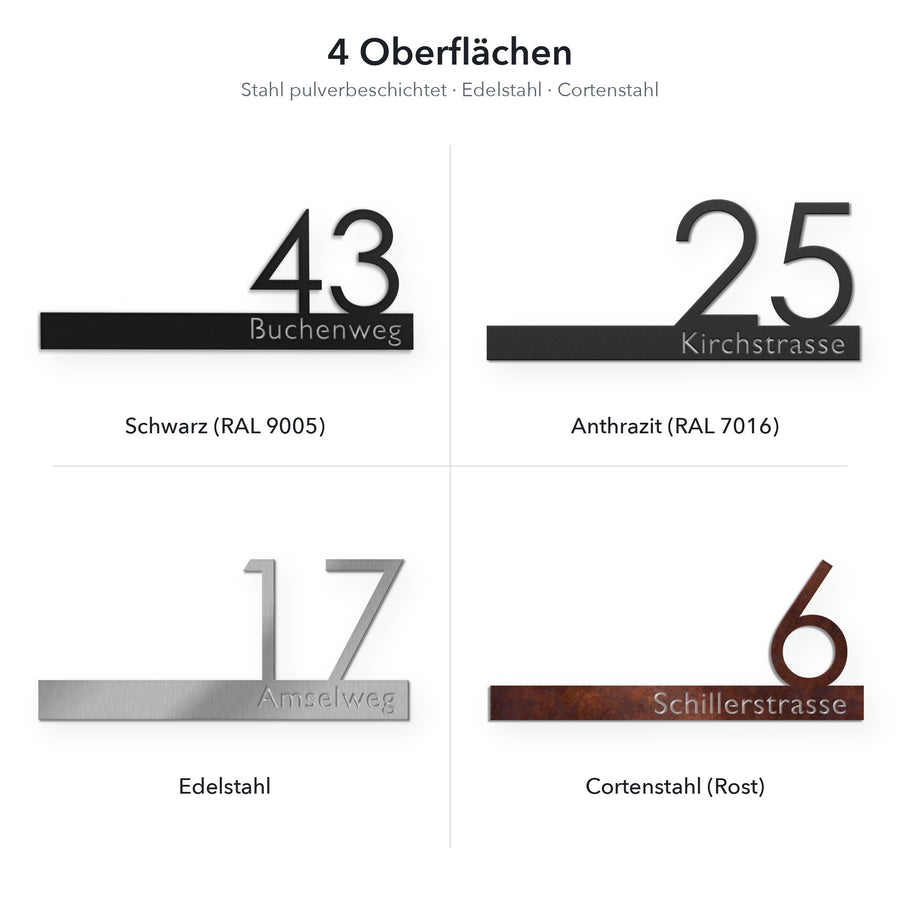 Hausnummer mit Namen – 4 Oberflächen: Schwarz, Anthrazit, Edelstahl, Cortenstahl