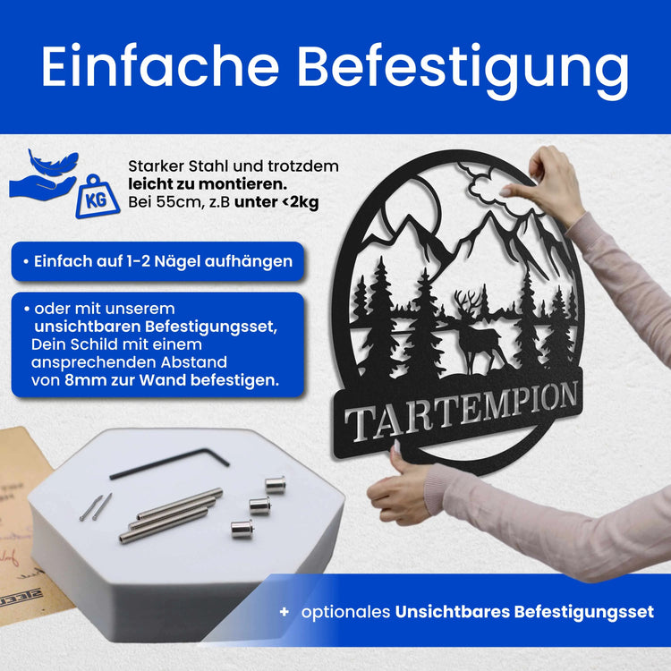 Berge mit Hirsch -  Baum Schild