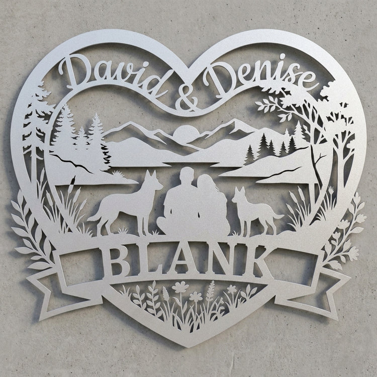 Herz-Wandschild Paar am See mit Malinois – David & Denise, BLANK