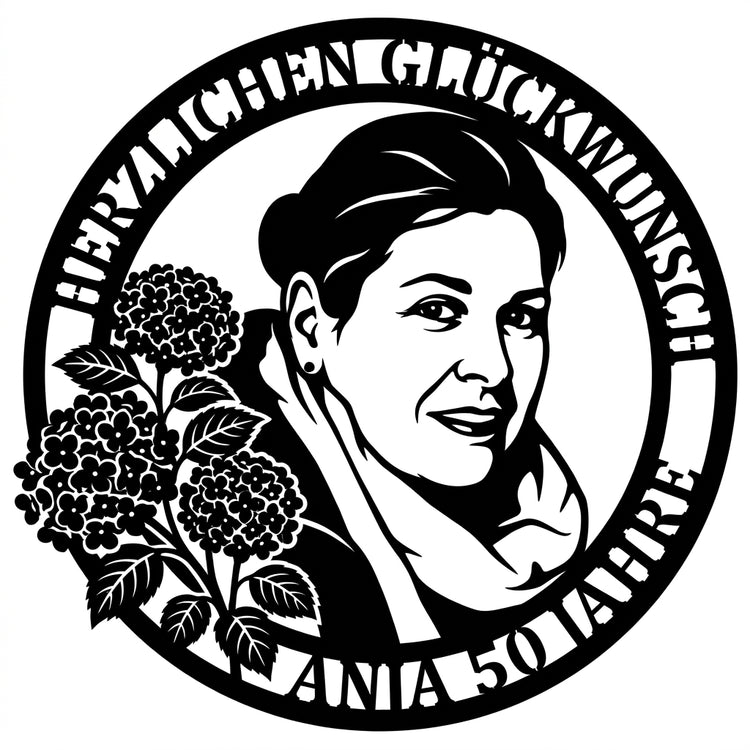 Rundes Hortensien-Porträt Wandschild – Herzlichen Glückwunsch Anja 50