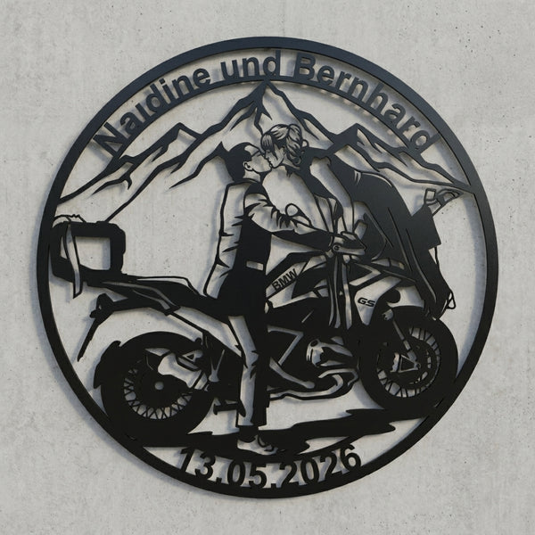 Rundes Paar-Motorrad-Schild – Nadine & Bernhard