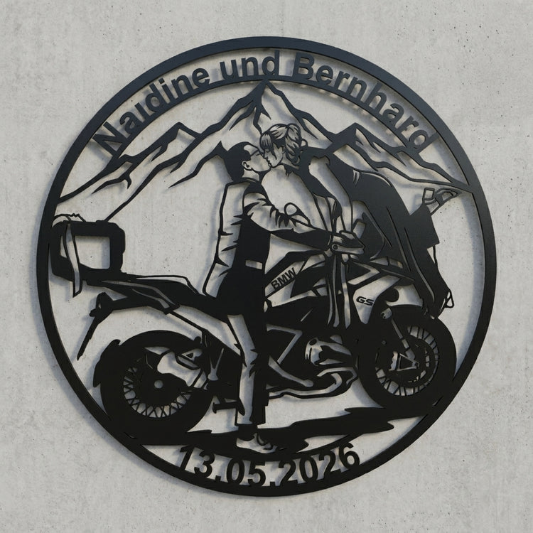 Rundes Paar-Motorrad-Schild – Nadine & Bernhard