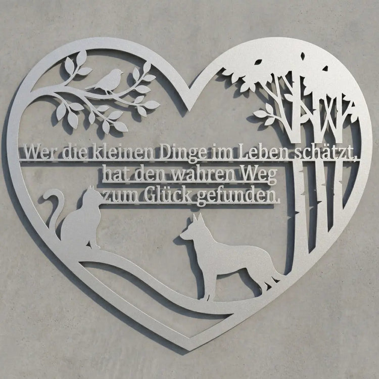 Herz-Zitatschild mit Vogel, Katze, Malinois und Bäumen