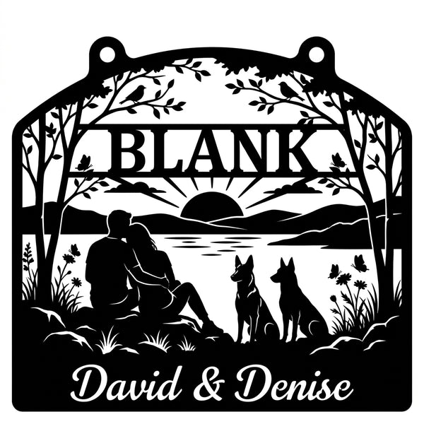 Emblem-Wandschild BLANK – Paar am See mit zwei Malinois