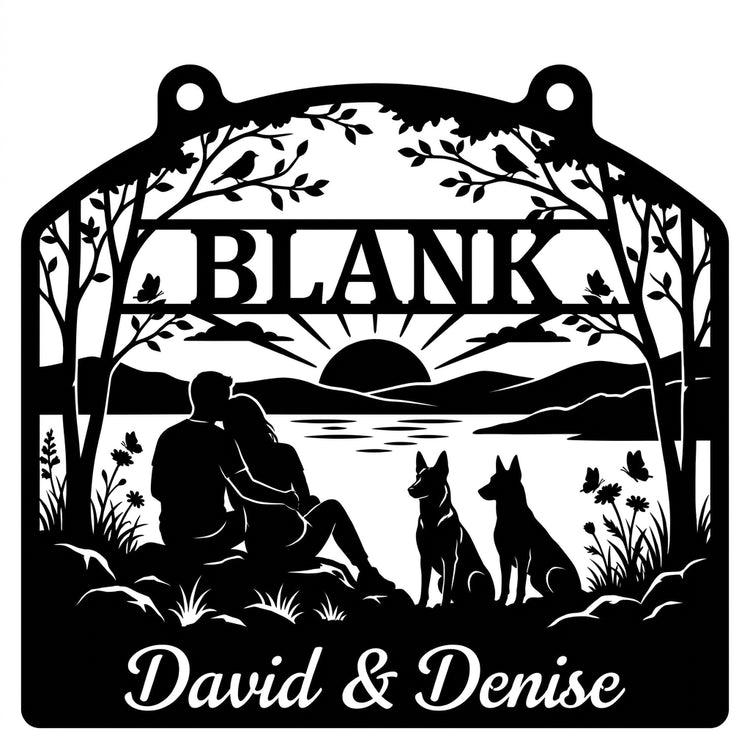 Emblem-Wandschild BLANK – Paar am See mit zwei Malinois