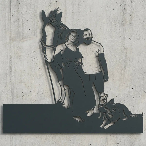 Familien-Silhouette mit Hunden und Pferd Steelmonks