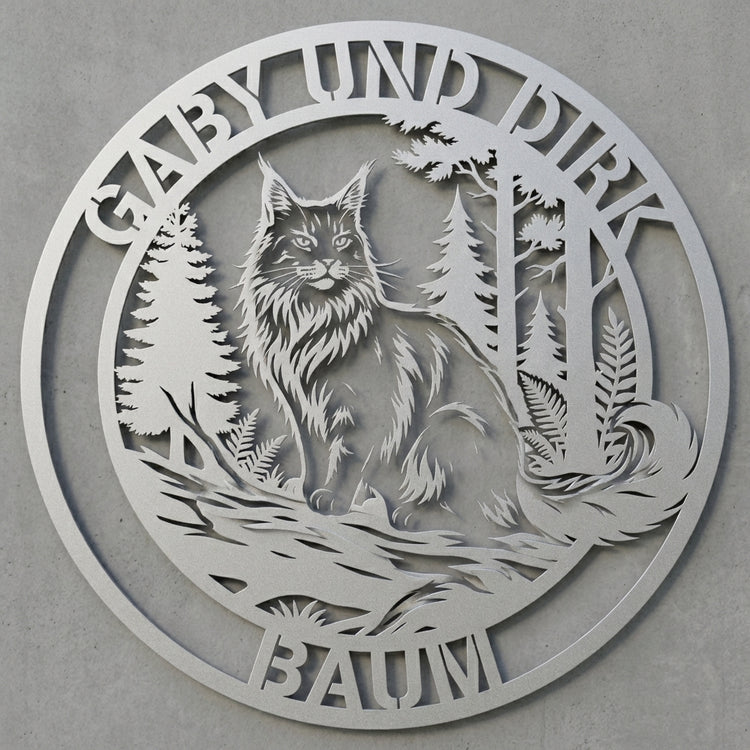 Rundes Maine‑Coon-Waldschild – Gaby und Dirk Baum