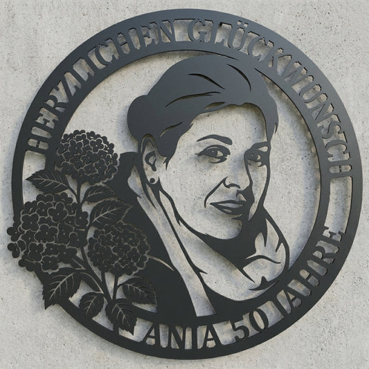 Rundes Hortensien-Porträt Wandschild – Herzlichen Glückwunsch Anja 50