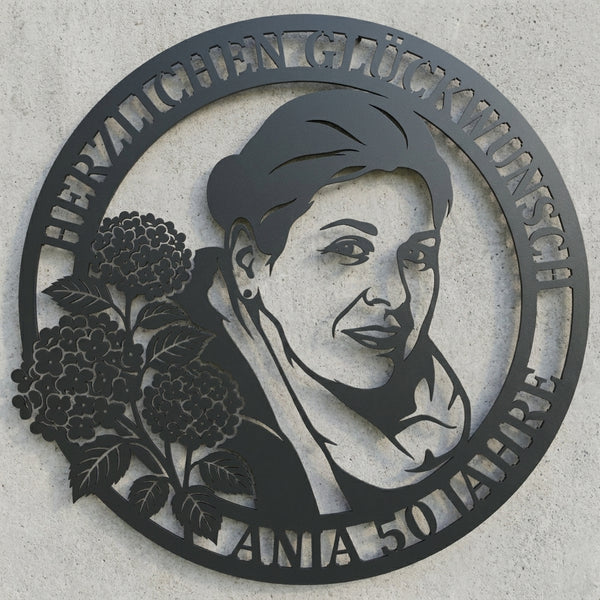 Rundes Hortensien-Porträt Wandschild – Herzlichen Glückwunsch Anja 50