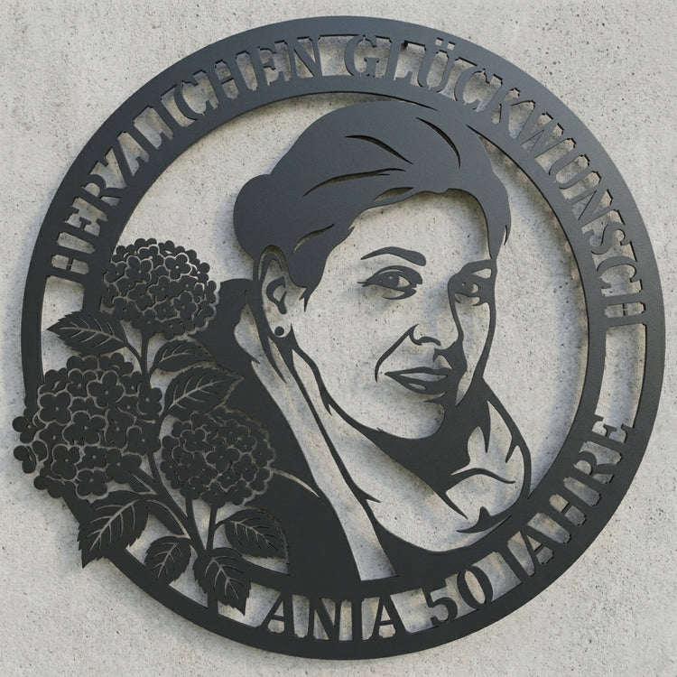 Rundes Hortensien-Porträt Wandschild – Herzlichen Glückwunsch Anja 50