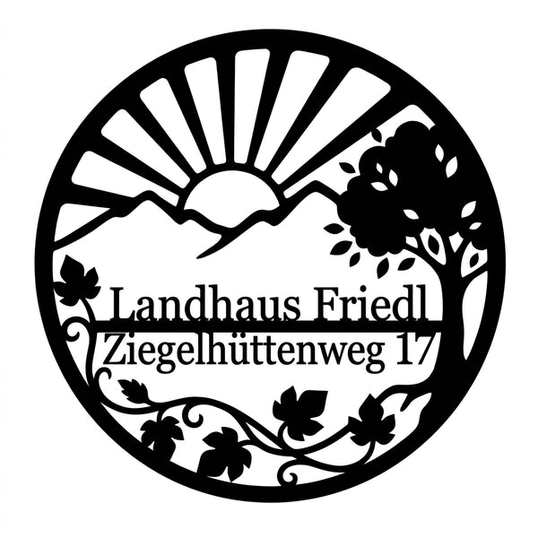 Ovales Landhaus-Wandschild – Sonne, Berg, Baum & Ranke