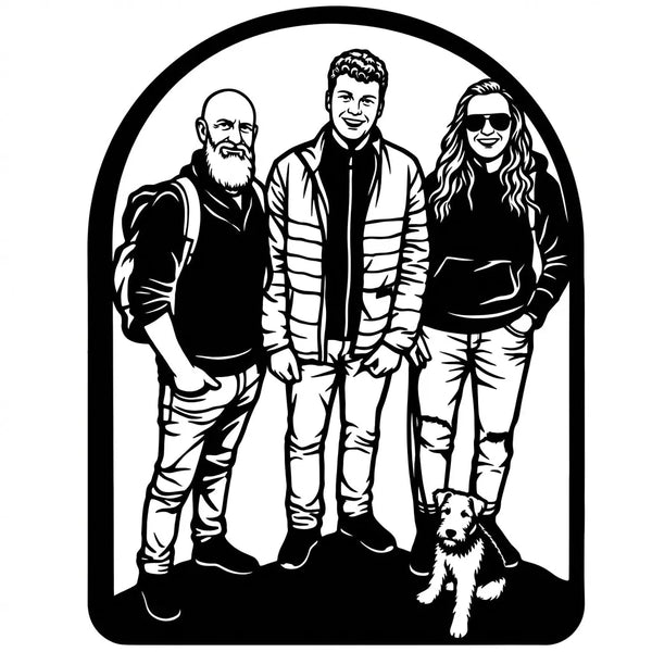 Familienschild Emblem – 3 Personen und Hund Steelmonks
