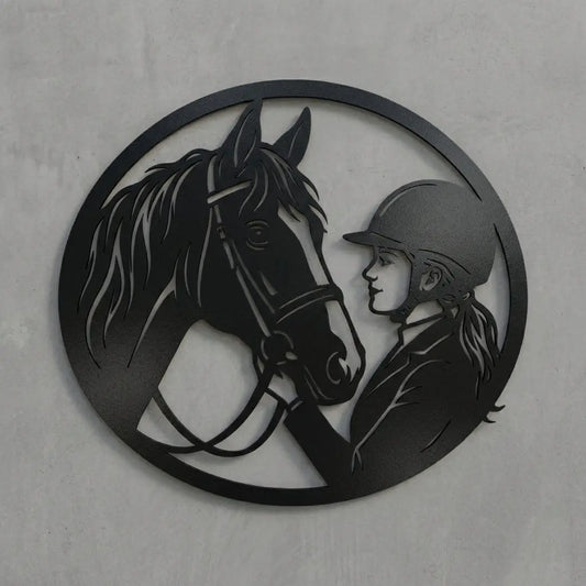 Pferd & Mädchen – Ovales Emblem-Wandschild Steelmonks