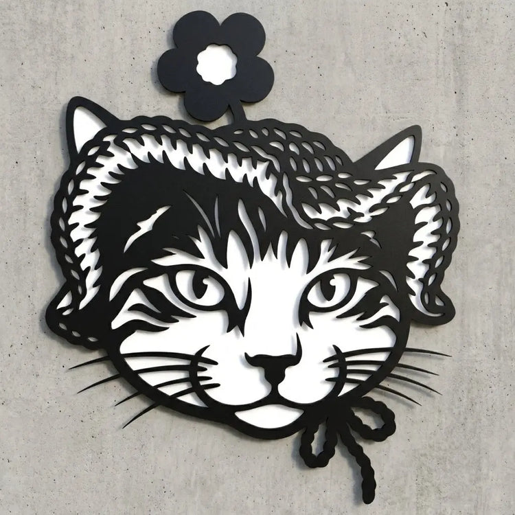 Wandschild Katzenkopf mit Hut (Tigermuster)