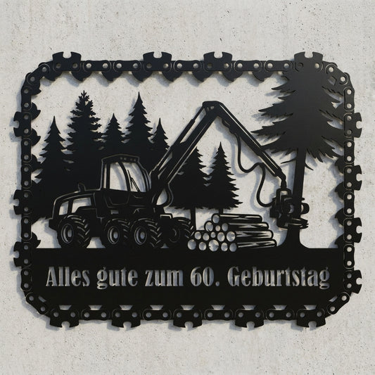 Harvester-Wandschild mit Kettensägen-Rahmen – Alles gute zum 60. Geburtstag