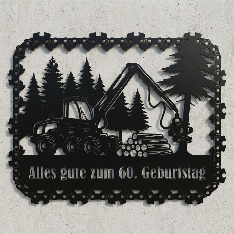 Harvester-Wandschild mit Kettensägen-Rahmen – Alles gute zum 60. Geburtstag