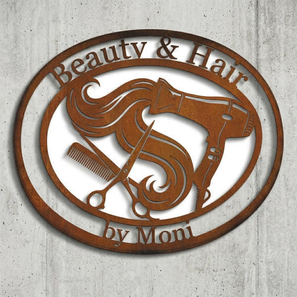 Ovales Friseurschild 'Beauty & Hair by Moni'
