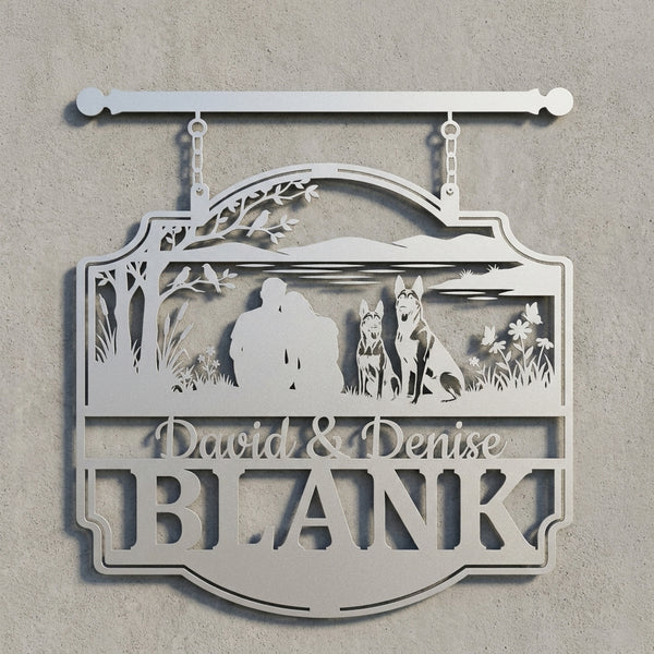 Wandschild BLANK – Pärchen am See mit zwei Malinois