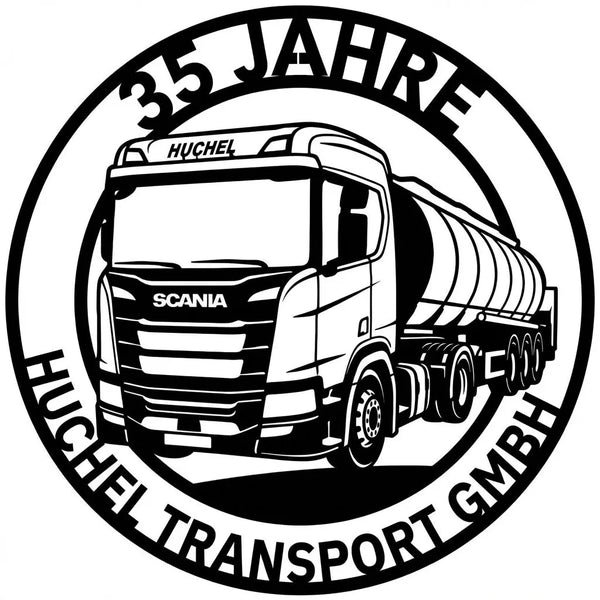 Rundes LKW-Jubiläumsschild – 35 Jahre Huchel Transport GmbH Steelmonks