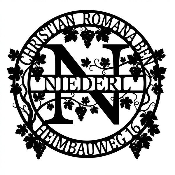 Monogramm N NIEDERL – Weinranken-Hausschild Steelmonks