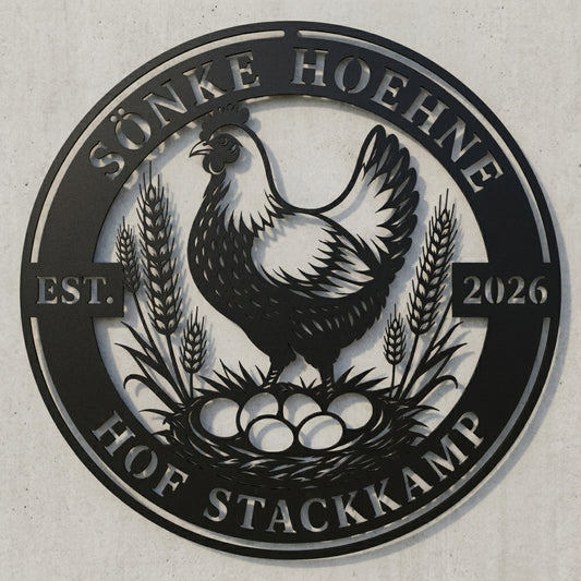 Rundes Wandschild Huhn & Ähren mit Schrift