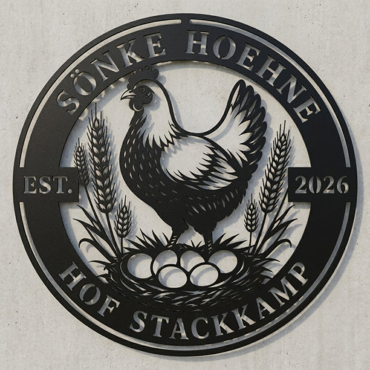 Rundes Wandschild Huhn & Ähren mit Schrift