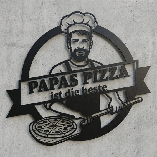 Papas Pizza – Wandschild mit Pizzabäcker-Portrait Steelmonks