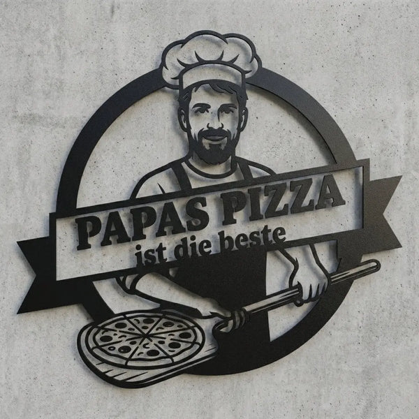 Papas Pizza – Wandschild mit Pizzabäcker-Portrait Steelmonks