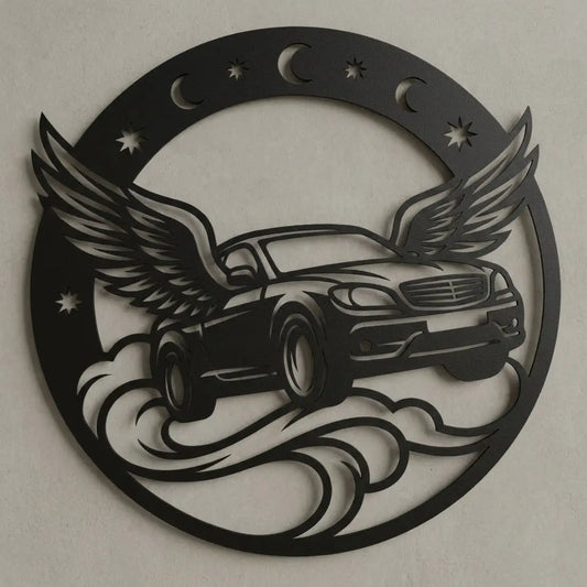 Rundes Emblem Auto mit Flügeln – Nachthimmel Steelmonks