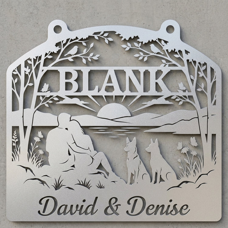 Emblem-Wandschild BLANK – Paar am See mit zwei Malinois