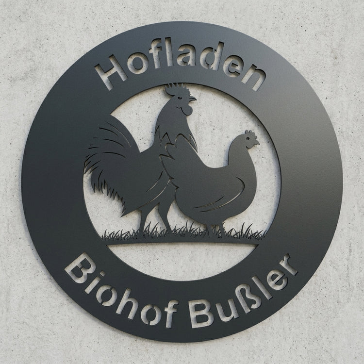 Rundes Hofladen-Schild Biohof Bußler