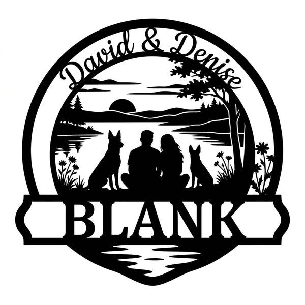 Familienschild BLANK – Paar am See mit zwei Malinois