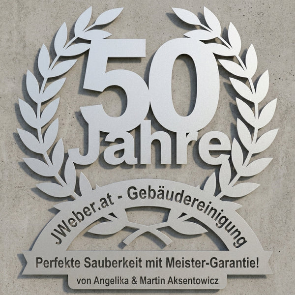 JWeber.at Jubiläumsschild 50 Jahre – Offener Lorbeerkranz