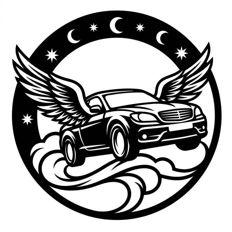 Rundes Emblem Auto mit Flügeln – Nachthimmel Steelmonks