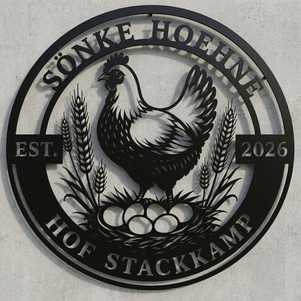 Rundes Huhn-Wandschild mit Schrift (50 x 50 cm)