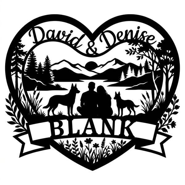 Herz-Wandschild Paar am See mit Malinois – David & Denise, BLANK