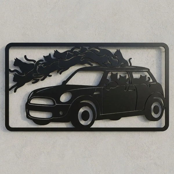 Auto mit Katzen – Metall-Wandschild Steelmonks