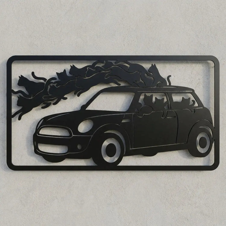 Auto mit Katzen – Metall-Wandschild