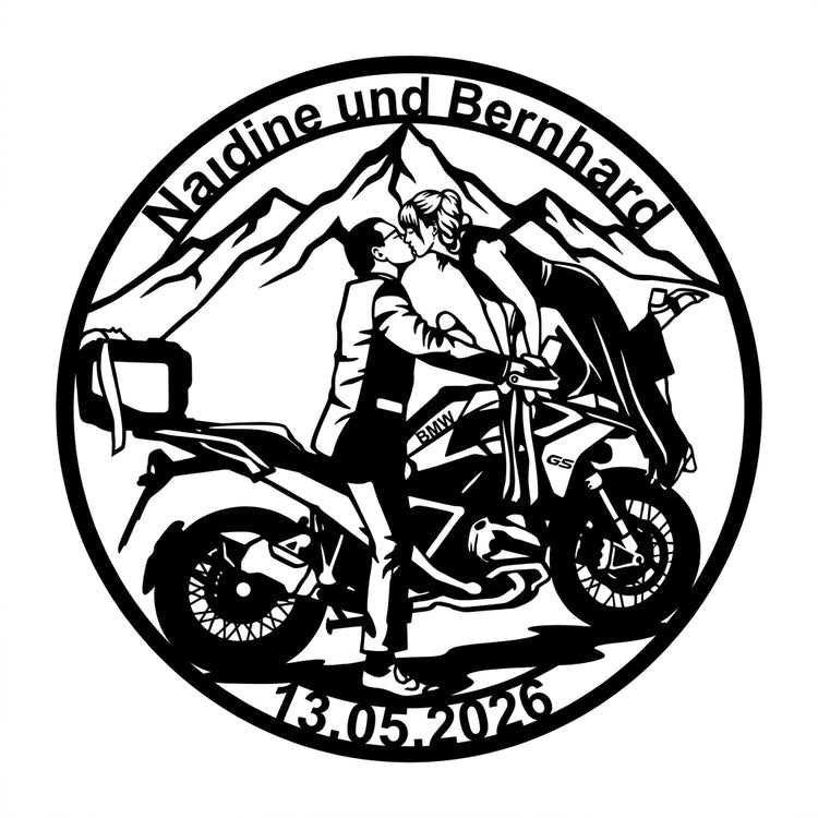 Rundes Paar-Motorrad-Schild – Nadine & Bernhard