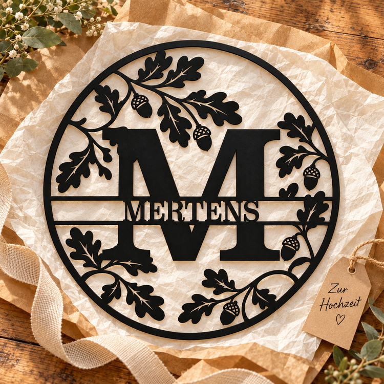 Schwarzes Eichenmonogramm mit M und MERTENS im Geschenkarrangement mit einem Anhänger „Zur Hochzeit“.