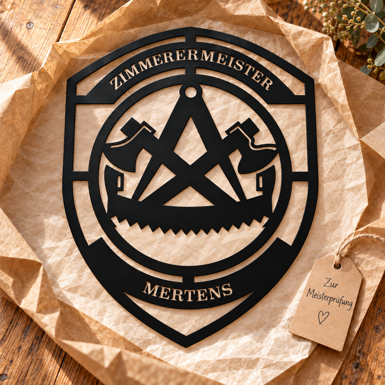 Schwarzes Zimmerer-Zunftwappen mit ZIMMERERMEISTER und MERTENS im Geschenkarrangement mit dem Anhänger „Zur Meisterprüfung“.