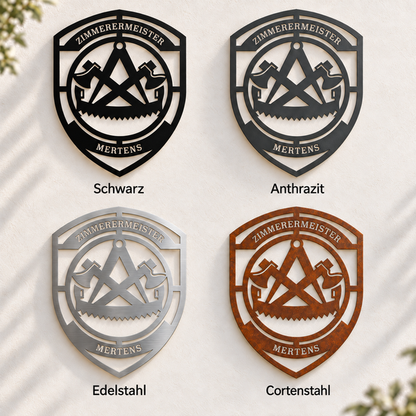 Zimmerer-Zunftwappen mit ZIMMERERMEISTER und MERTENS in Schwarz, Anthrazit, Edelstahl und Cortenstahl.