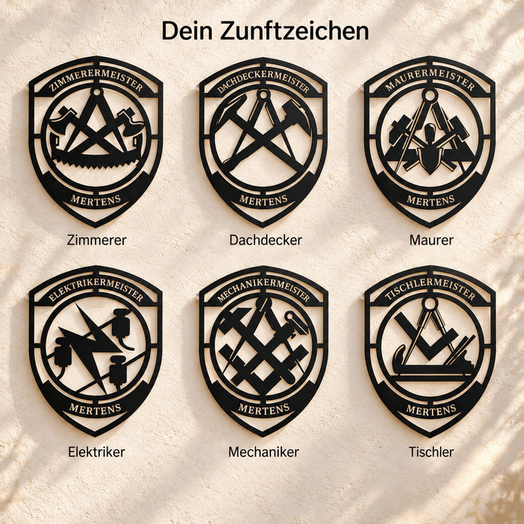 Sechs schwarze Zunftwappen aus Metall mit dem Namen MERTENS: Zimmerer, Dachdecker, Maurer, Elektriker, Mechaniker und Tischler. Überschrift: Dein Zunftzeichen.