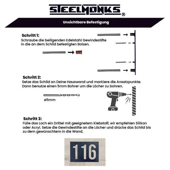 Steelmonks-Metallschild,Unsichtbares Befestigungsset (Bolzen und Gewindestifte). Befestigungsset Wanddekoration erhältlich in verschiednen Größen und Farben.