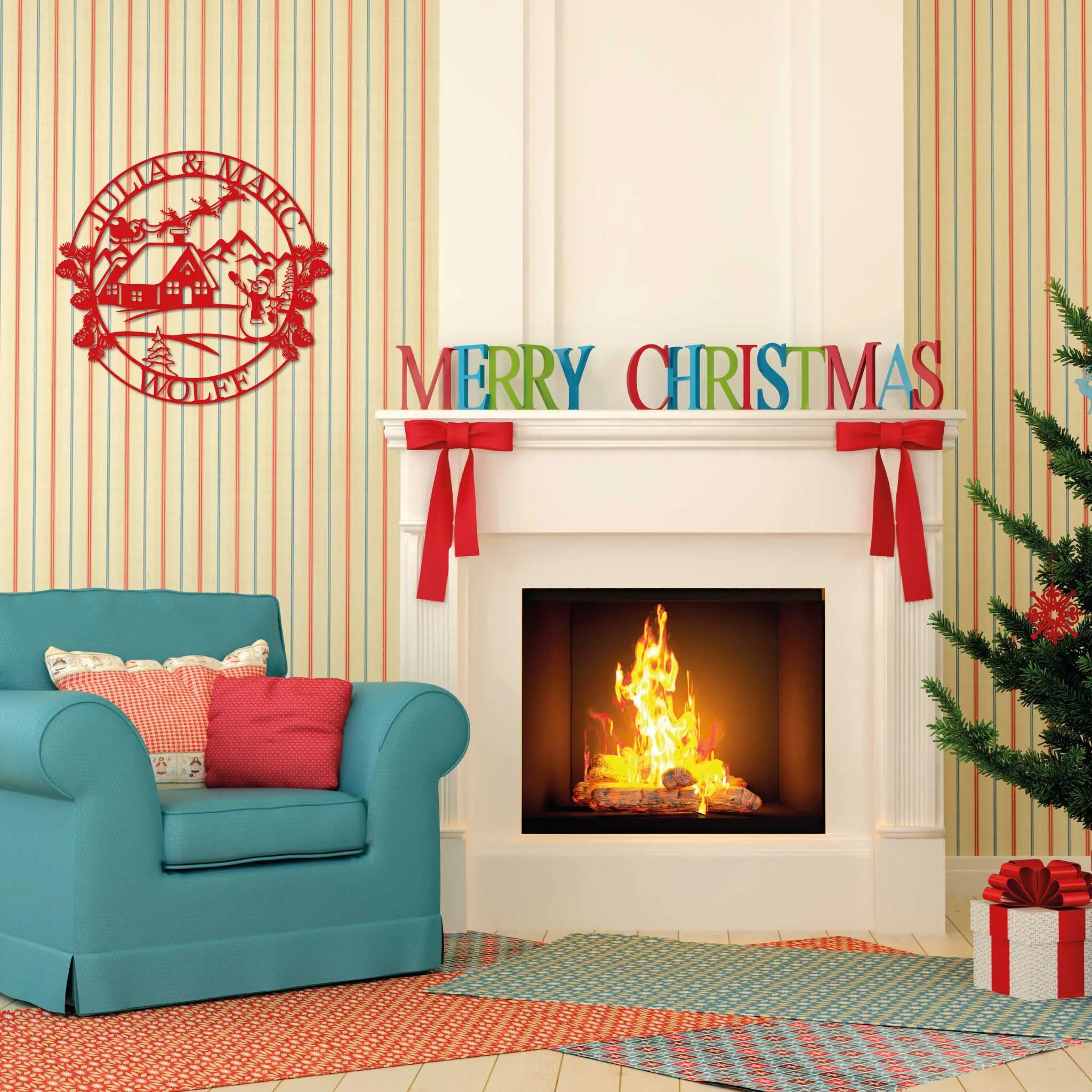 Steelmonks-Metallschild,Weihnachtsschild mit Namen. Weihnachtsschild Wanddekoration erhältlich in verschiednen Größen und Farben.